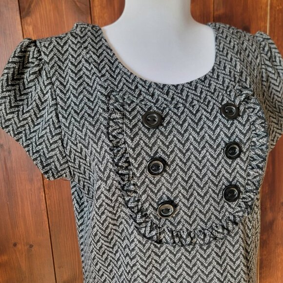 Retro Indie Twee Women L Black Gray Chevron Mini Dress Ruffle Bib Panel 2000s - Picture 8 of 14